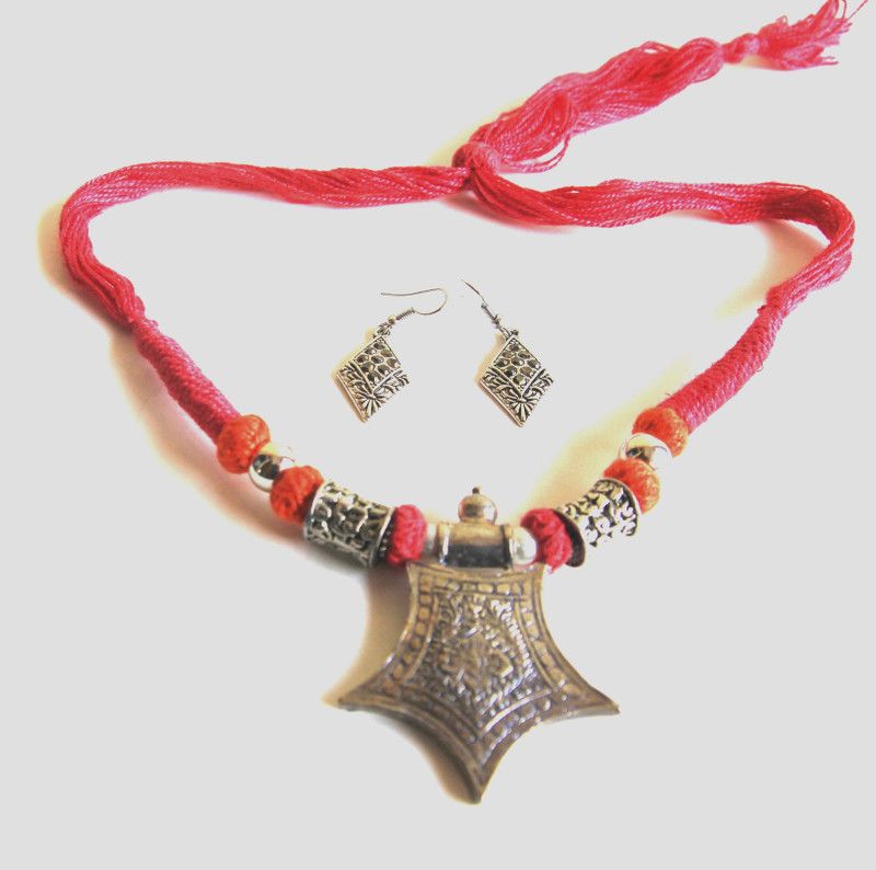 Oxidised Silver Silver, Red Jewel Set  (Pack of 1)