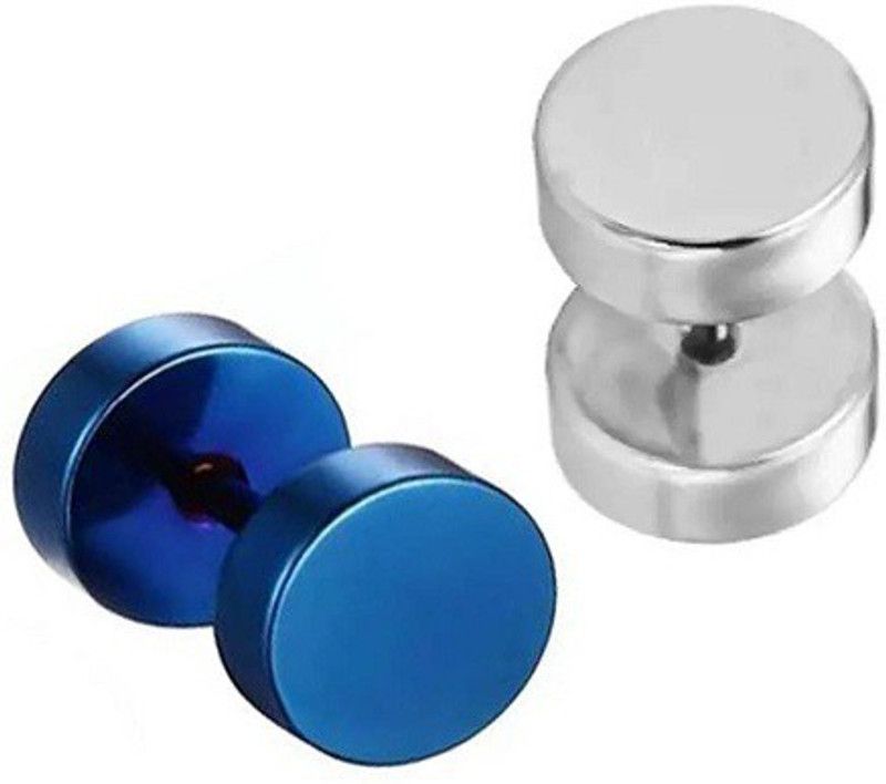 Stylish Colony Round Barbell Dumbell Blue And Silver Earrings Stud Bali Stainless Steel Earring Set, Hoop Earring, Huggie Earring, Stud Earring