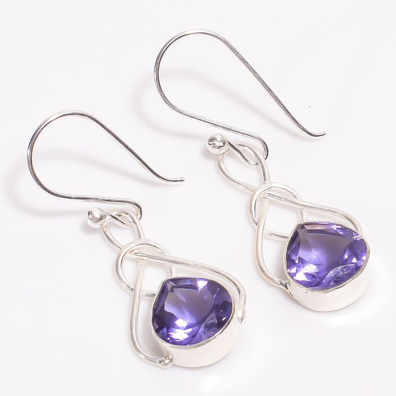 Amethyst Heart Ethinc Handmade 925 Sterling Silver Dangle Earrings 1.8" SE-397 Amethyst Sterling Silver Stud Earring