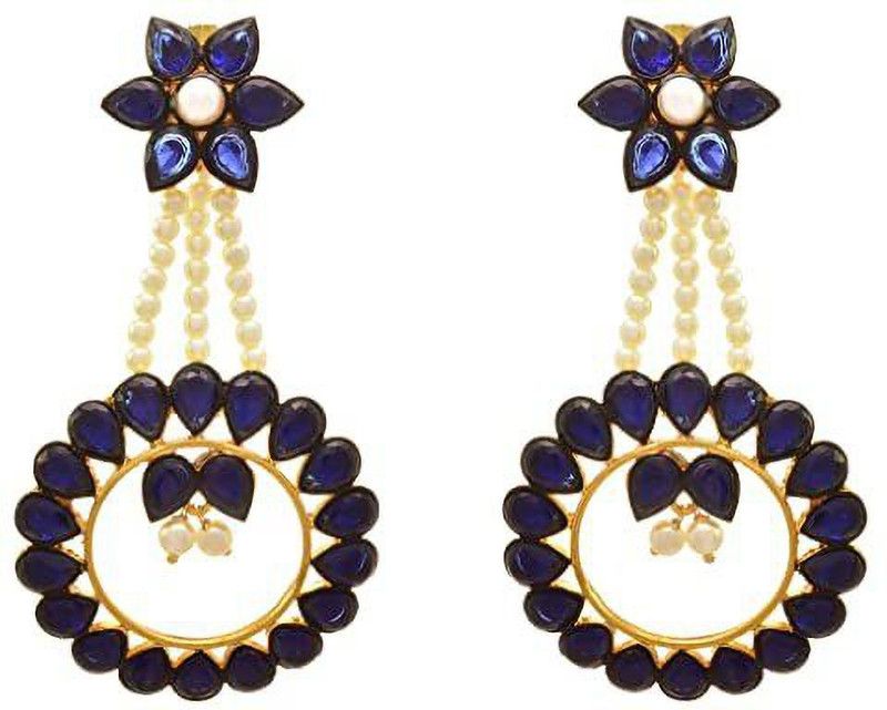Fusion Ethnic One Gram Gold Plated Blue Stone Designer Earring for Women Cubic Zirconia Copper Drops & Danglers