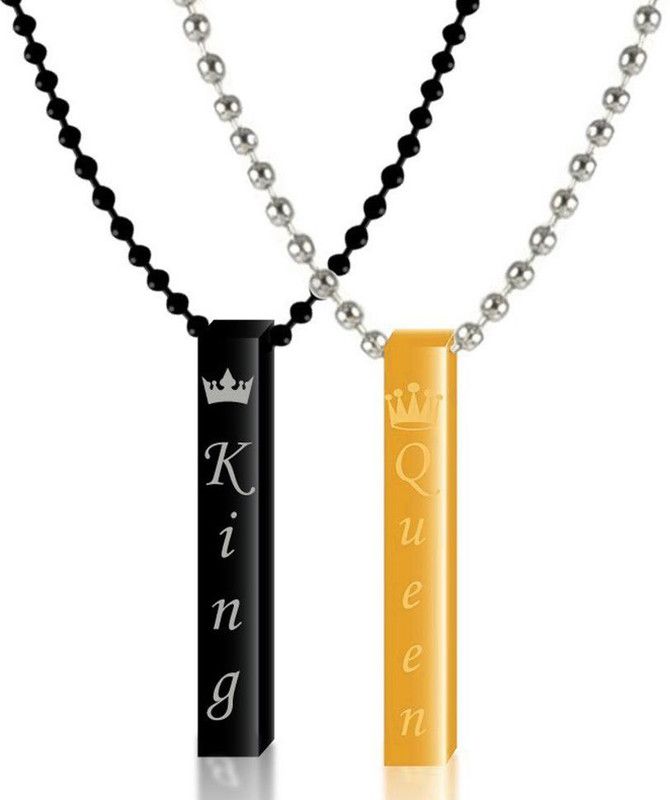 Golden & Black King And Queen Crown 3D Vertical Bar Cuboid Stick Locket Pendant Stainless Steel Pendant