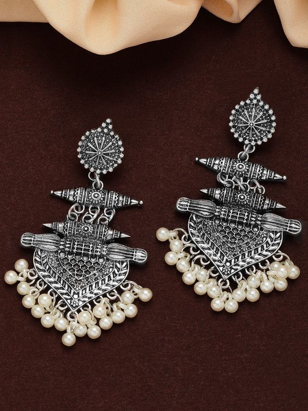 Rubans Silver Plated Filigree with Pearls Handcrafted Chandbali Earrings Alloy Chandbali Earring