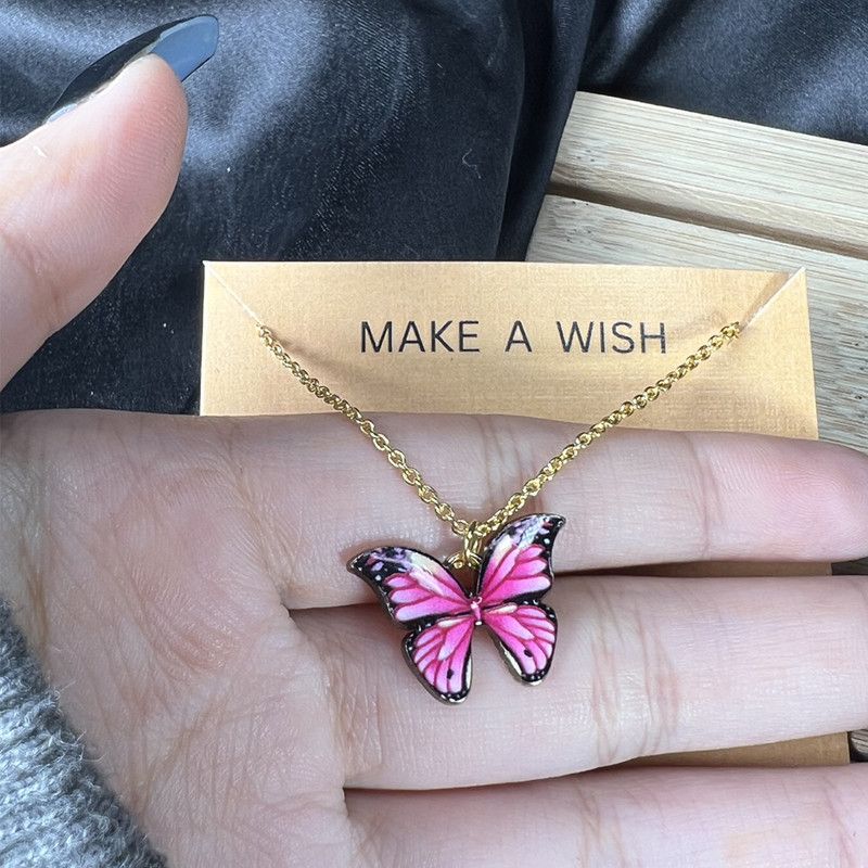 Pink Black Butterfly Charm Necklace (Golden) Gold-plated Alloy Pendant