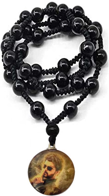 Joseph Vijay Chandrasekhar Crystal And Glass And Cotton Dori Pendant Chain Onyx Rhodium Plated Crystal, Dori Chain