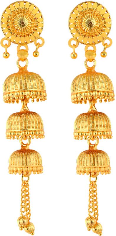 Exclusive Gold Floral Party Wear 3 Layered Jhumki Earrings For Women & Girls Brass Earring Set