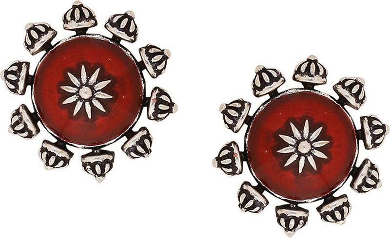 Moksha Antique Red Enamel Oxidised Silver Brass Stud Earring