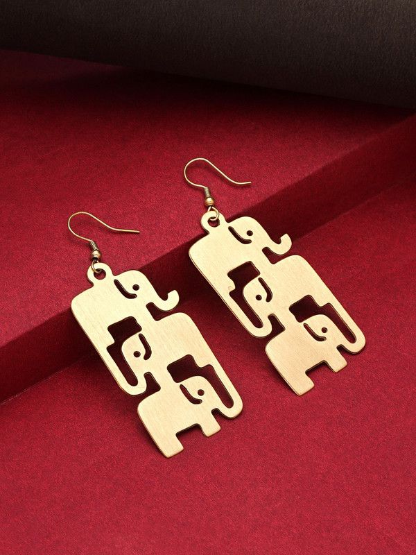 Elephant Designed Decorative Gold Toned Earrings Copper Hoop Earring