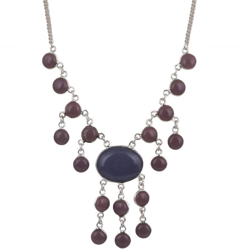Elegant Stylish Jaipur Stone Pendant Tassels Silver Plated Metal Necklace