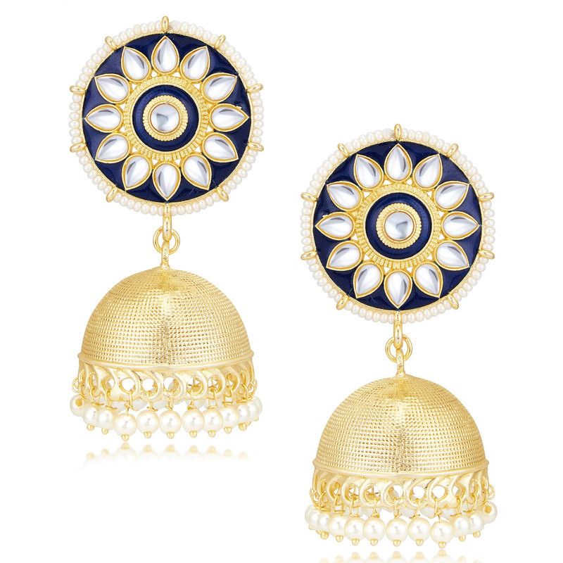 Sukkhi Pleasing Kundan Gold Plated Meenakari Pearl Jumki Earring Set for Women Pearl Alloy Jhumki Earring