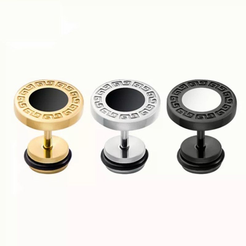 Dumbbell Stud Punk Style Round 8mm Earring For Women & Men 3 Pcs Gold Stainless Steel Stud Earring