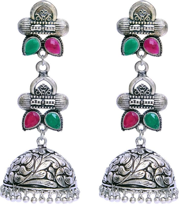 Oxidized German Silver Multi Color Jhumka Earrings Alloy Jhumki Earring