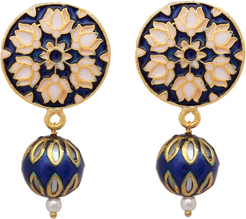 Flower Theme Handpainted Blue Meena Brass Stud Earring