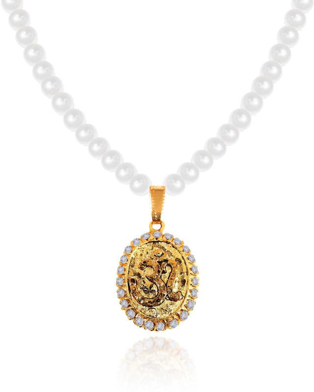 Oval Om Chand Symbol Lord Shiva Mahadev Locket Pendant Moti Beads Mala Necklace Gold-plated Stainless Steel