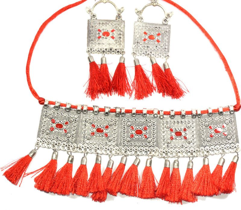 Oxidised Silver Red, Silver Jewel Set  (Pack of 1)