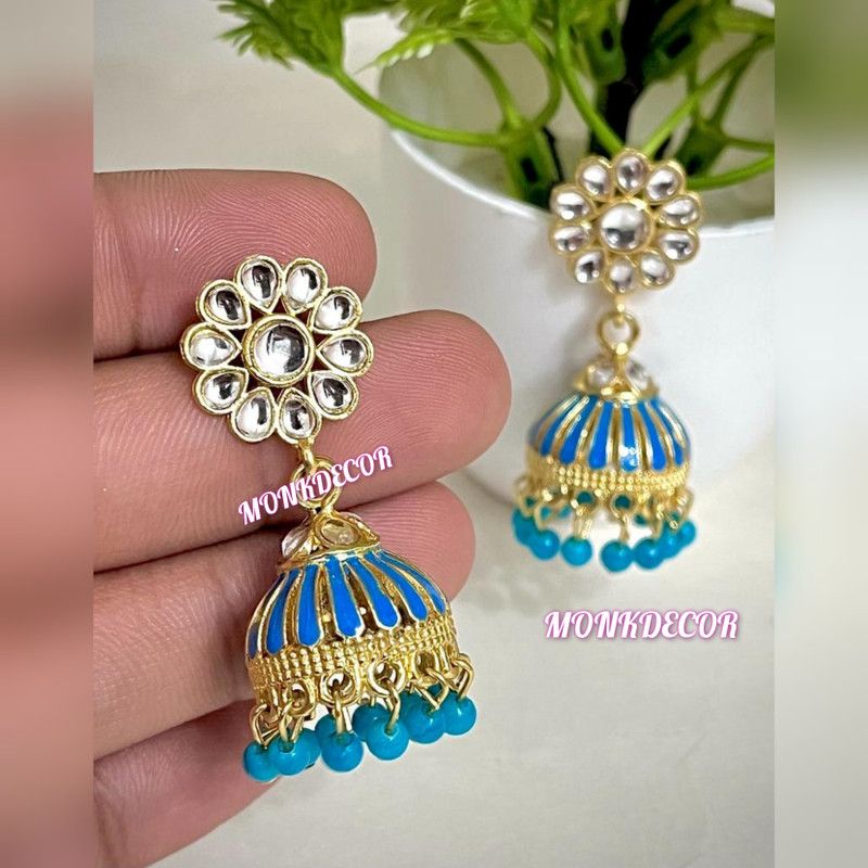 (Meena Stone-Firozi) Beautiful Latest Design Earrings For Girls & Women Alloy Jhumki Earring