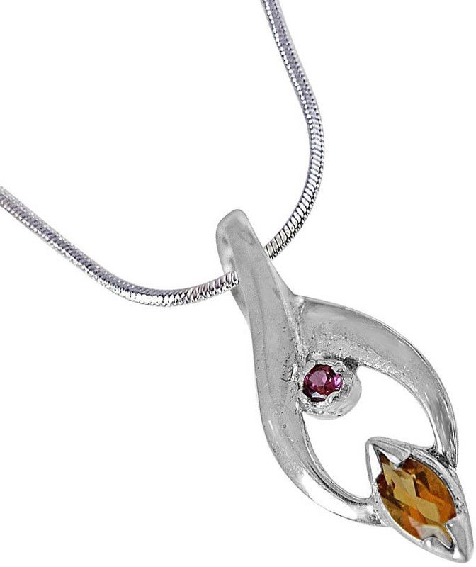 Sunrise - Trendy Marquise Shaped Golden Topaz, Round Pink Garnet and 925 Sterling Silver Pendant with 18 IN Chain (SDP420) Sterling Silver Topaz, Garnet Sterling Silver Pendant