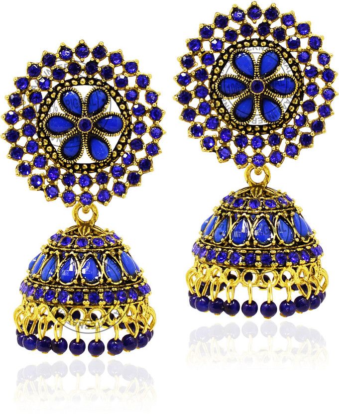 Traditional Golden Flower Jhumkis/Earrings For Women/Girls Blue Stone And Pearls Swarovski Zirconia, Crystal, Pearl, Swarovski Crystal, Cubic Zirconia Brass Jhumki Earring