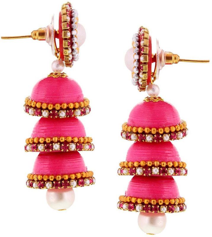 Halowishes Hancrafted Paper Quilling Pink Triple Jhumka Diamond Paper Jhumki Earring