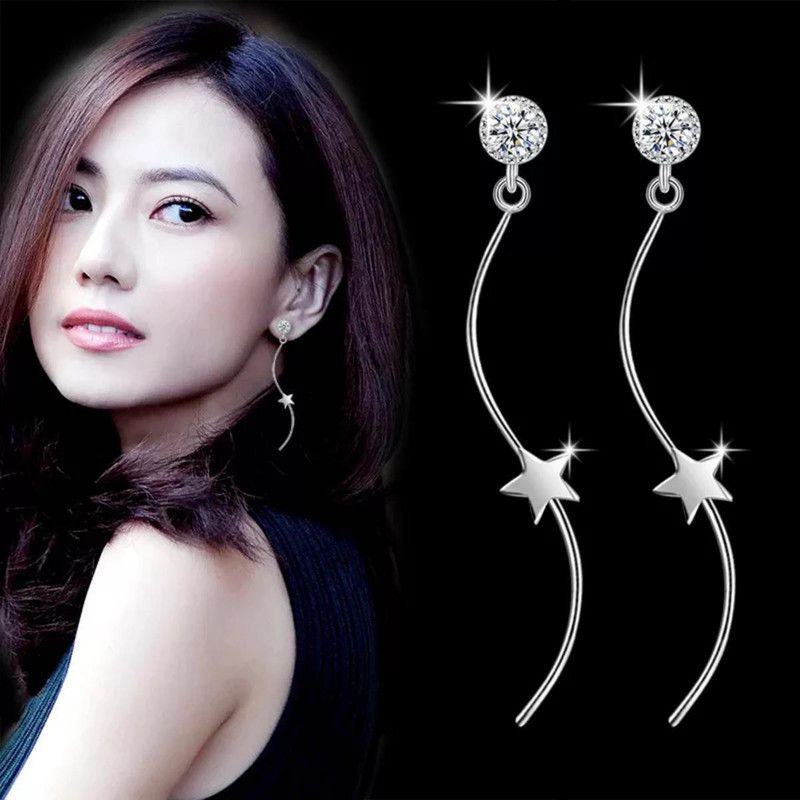 Shinny Cubic Zircon Star Long Wave Earring For Women & Girls Cubic Zirconia Alloy Drops & Danglers