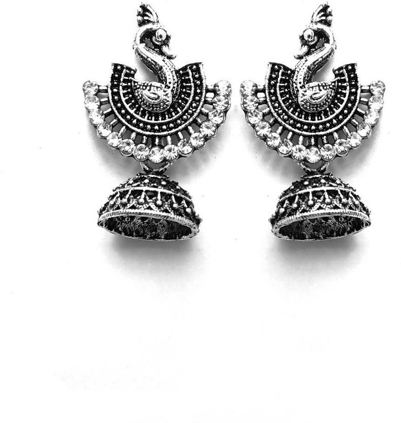 Antique Silver Oxidised Drop Partywear Cubic Zirconia Alloy Jhumki Earring