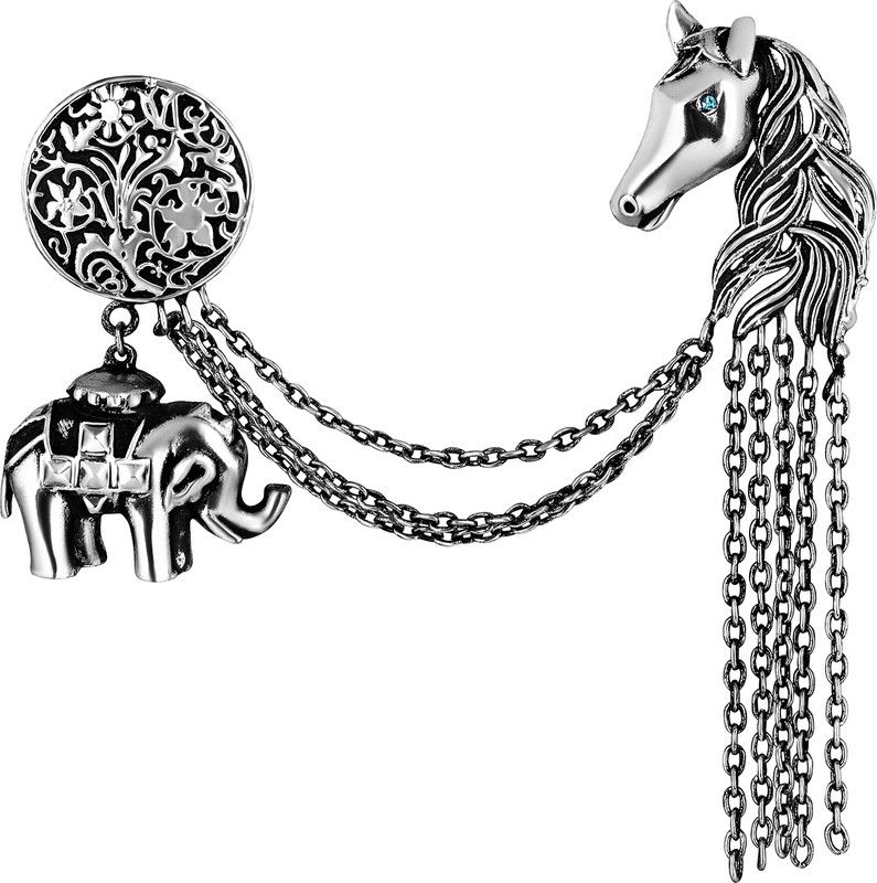 mahi Baby Elaphant and Horse Face Shaped Floral Brooch Pin with Chain Brooch  (Blue)