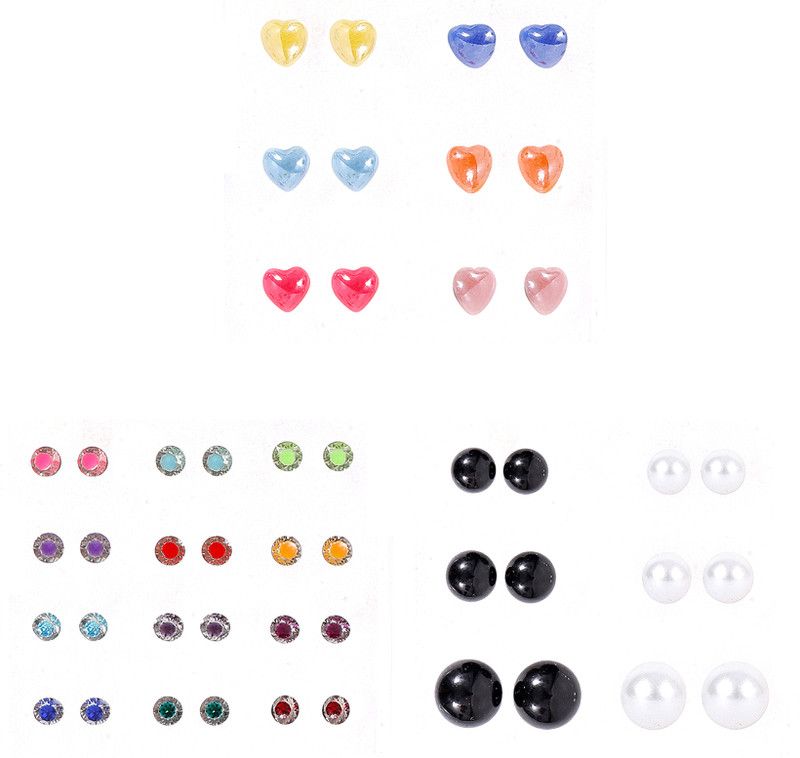 Multicolor small Crystal & Heart Shape & Multi Color Pearls Stud Earrings With Plastic Back for Girls and Women (Combo of 24 Pairs) Plastic Stud Earring