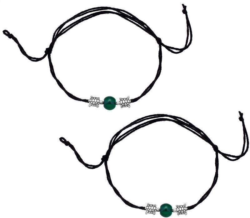 Admier trendy round green bead with kachua tortoise charm payal Cotton Dori Anklet  (Pack of 2)