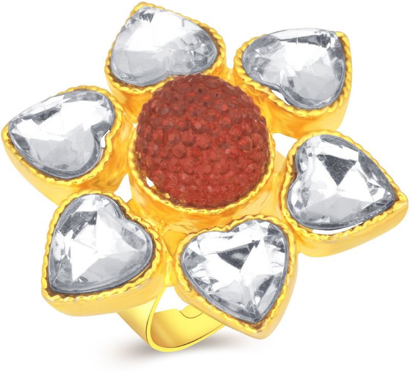 Adjustable Fashionable Ethnic Heart and Round American Diamond Studded Gold Plated Ring Stylish Fancy Party Wear Latest Design Fashion Jewellery for Women and Girls Alloy, Brass Cubic Zirconia Gold Plated Ring