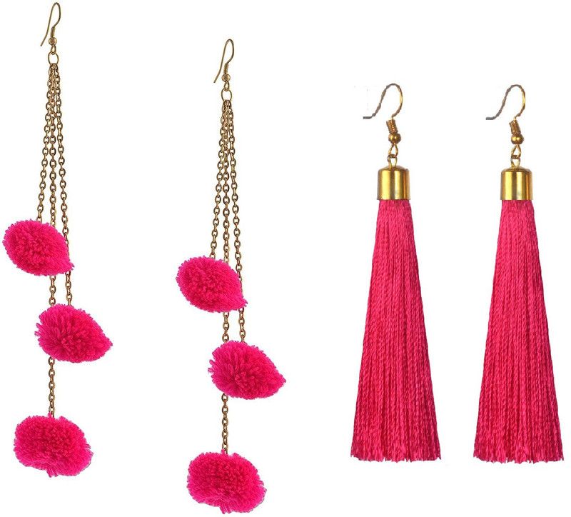 Ayan Creation Handmade Pink Pom Pom & Tassel Earring For Women & Girls ( Set Of -2 Pair ) Fabric, Silk Dori Tassel Earring, Drops & Danglers