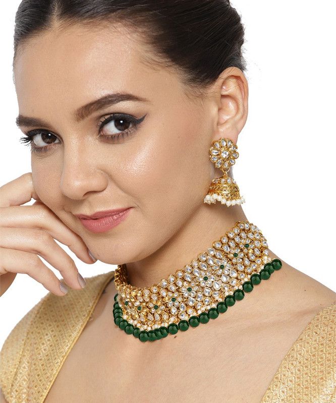 Alloy Gold-plated Gold, Green, White Jewel Set  (Pack of 1)