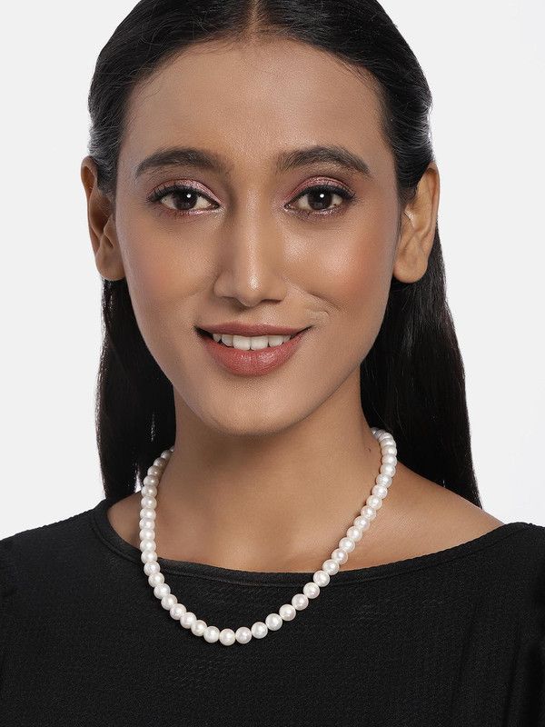 Fresh Water Natural White Round Pearls 7-8mm AAA+ Quality Pearl Silver Plated Alloy Necklace