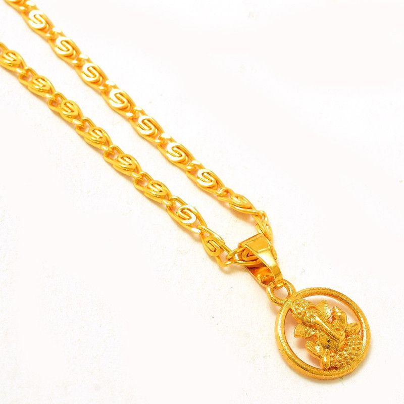 Lord Ganesh Ji Circle Locket/Pendant with Link Chain Gold-plated Brass, Copper Locket