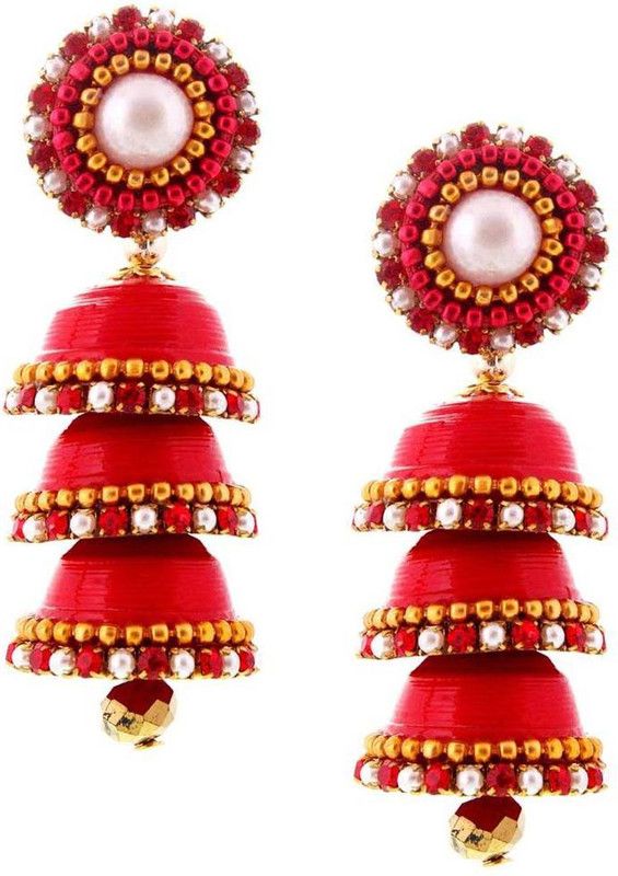 Traditional Handcrafted Paper Quilling Red Triple Jhumka Paper Drops & Danglers
