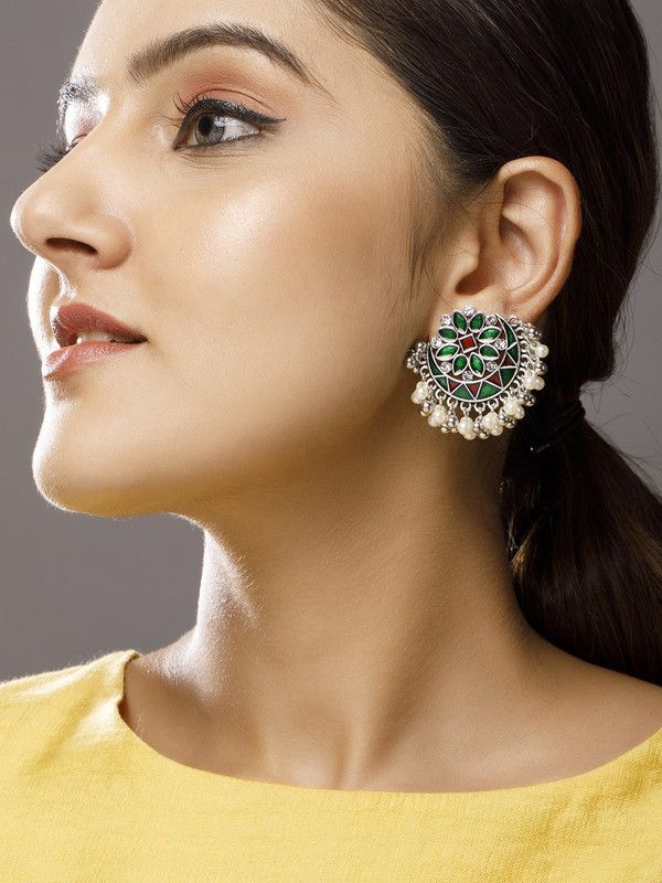 Rubans Silver plated Oxidised enameled handcrafted Chandbali earring. Alloy Chandbali Earring
