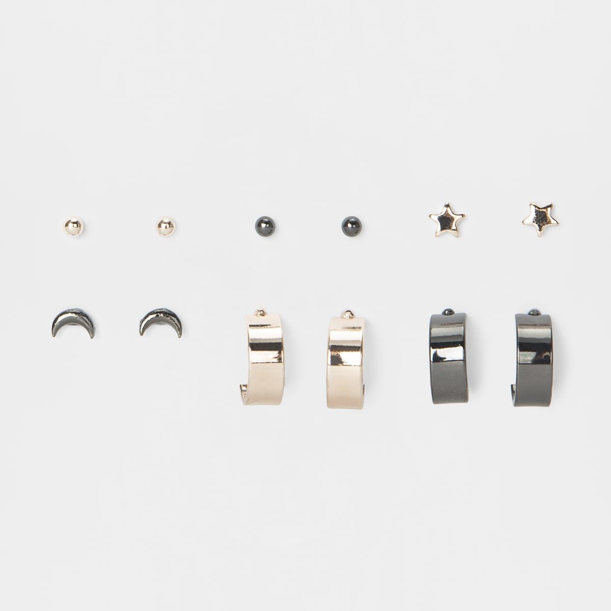 6 Pack Small Stud and Hoop Earrings - Gunmetal and Rose Gold Look