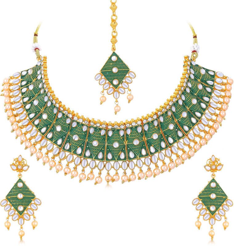 Alloy Gold-plated White, Green, Gold Jewel Set  (Pack of 1)