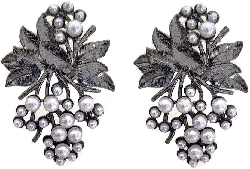 Black Metal Flower Pearl Stud Earrings for women and girls Brass Jhumki Earring
