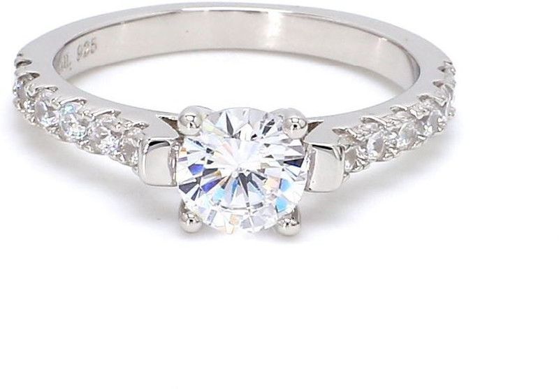 Sterling Silver American Diamond Single Solitaire Story Size - 13. Sterling Silver Cubic Zirconia Rhodium Plated Ring