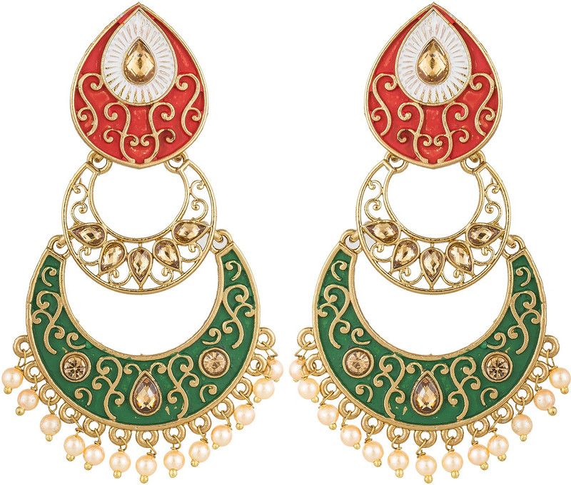 American Diamond Meenakari Long Chain Diamond Alloy Chandbali Earring