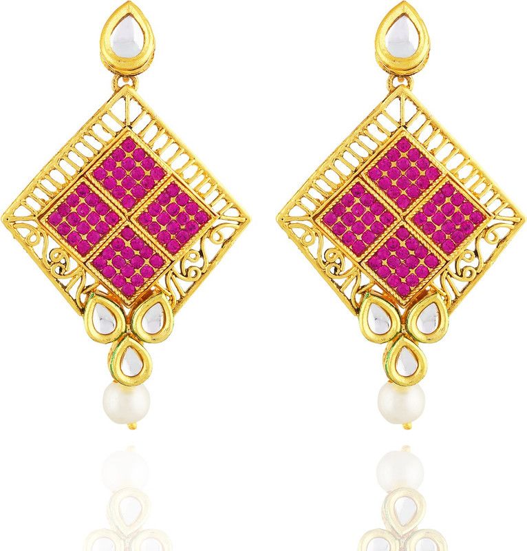 Chic and Trendy Gold Colour with Pink Stones Diamond Shape Alloy Drops & Danglers