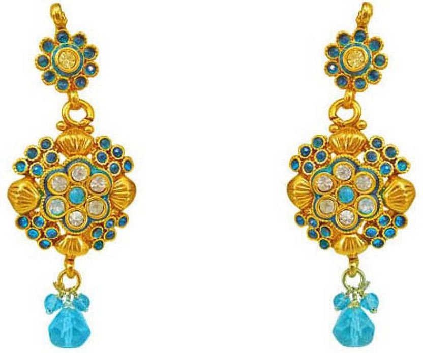 Blue coloured Stone & Gold Plated Earring Metal Drops & Danglers