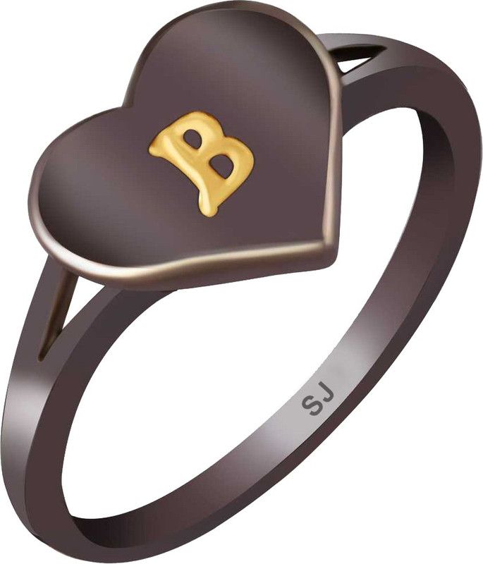 Stylish Heart Initial 'B' Black Gold Plated Alphabet Ring for Women & Girls Brass, Alloy Cubic Zirconia Black Silver Plated Ring