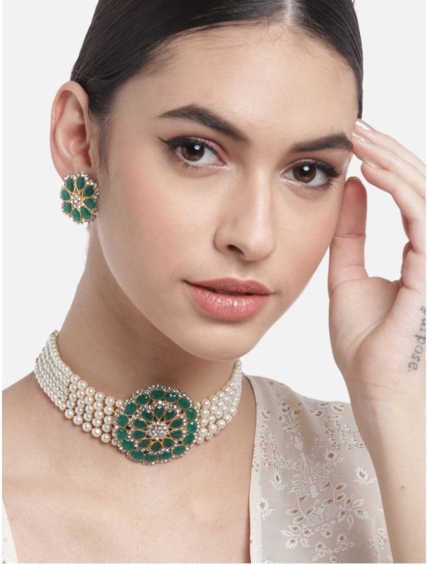 Mother of Pearl Gold-plated Green, White Jewel Set  (Pack of 1)
