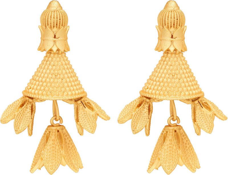 Traditional Golden Matte Finish Handmade Leaf and Bell Pattern Brass Drops & Danglers
