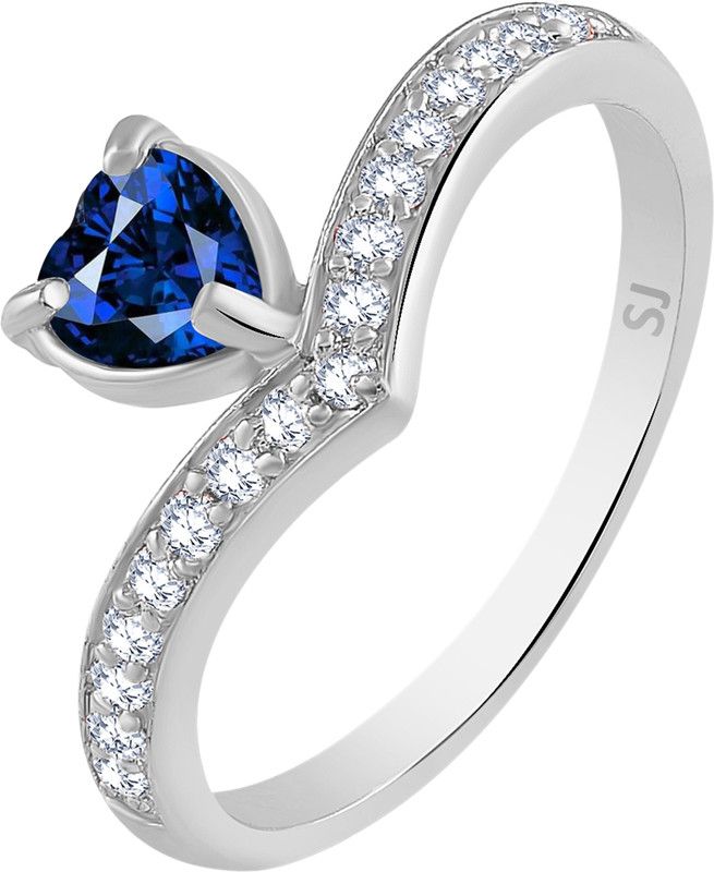 Blue Heart Diamond Studded Brass Cubic Zirconia Silver Plated Ring