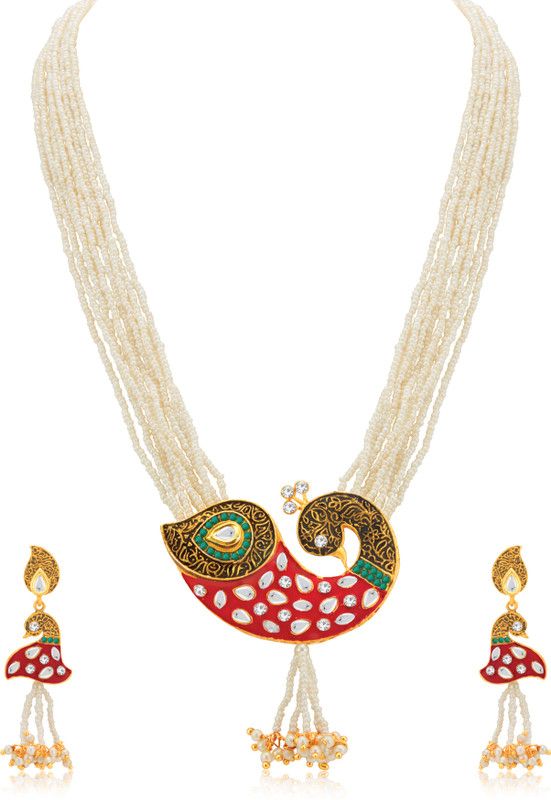 Brass Gold-plated Green, Silver, White Jewel Set  (Pack of 1)