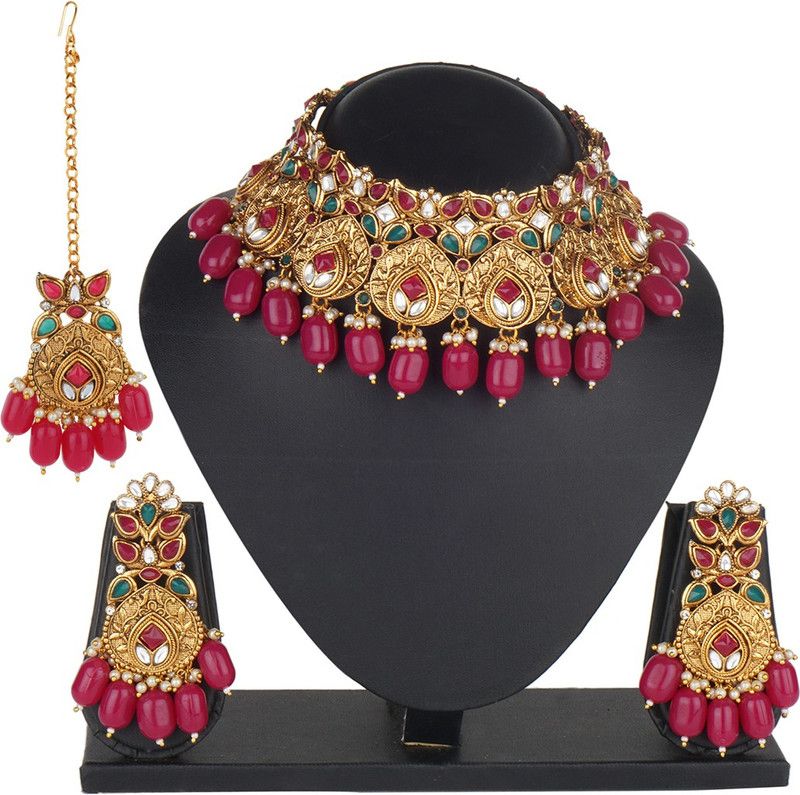 Zinc, Alloy Gold-plated Ruby Red, Green, White Jewel Set  (Pack of 1)