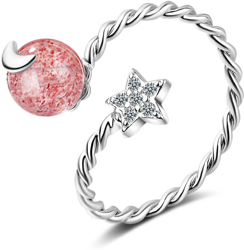 Attractive Pink Star and Moon Cubic Zirconia Rhodium Plated Ring Alloy Crystal Rhodium Plated Ring