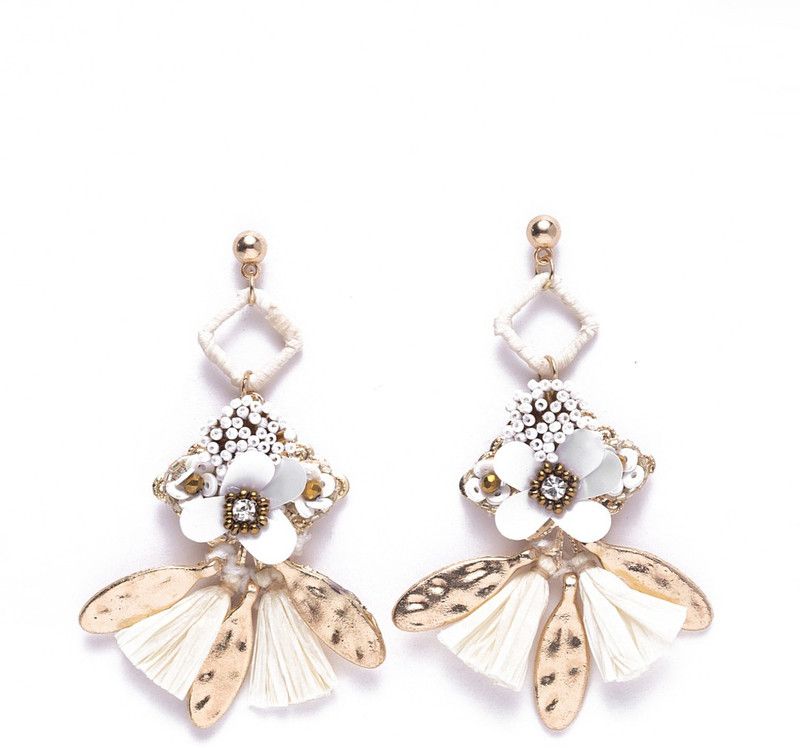 white floral beaded and tasselled drop earrings Metal Drops & Danglers
