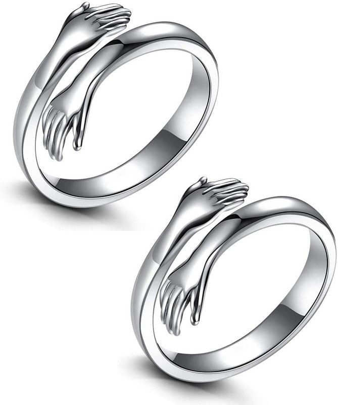 (Set Of 2 Pcs) Silver Love Forever Valentine's Day Hand Hug Me Thumb Finger Ring Metal Silver Plated Ring